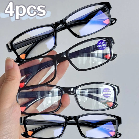 Anti-blue Light Reading Glasses, Thick Black- Framed Glasses,  Portable Presbyopia Eyeglass +1.0~+4.0 Eyewear 4pcs.  This set of 4 pairs of glasses in the strength of your choice is a wonderful bargain. and you have ANTI-BLUE