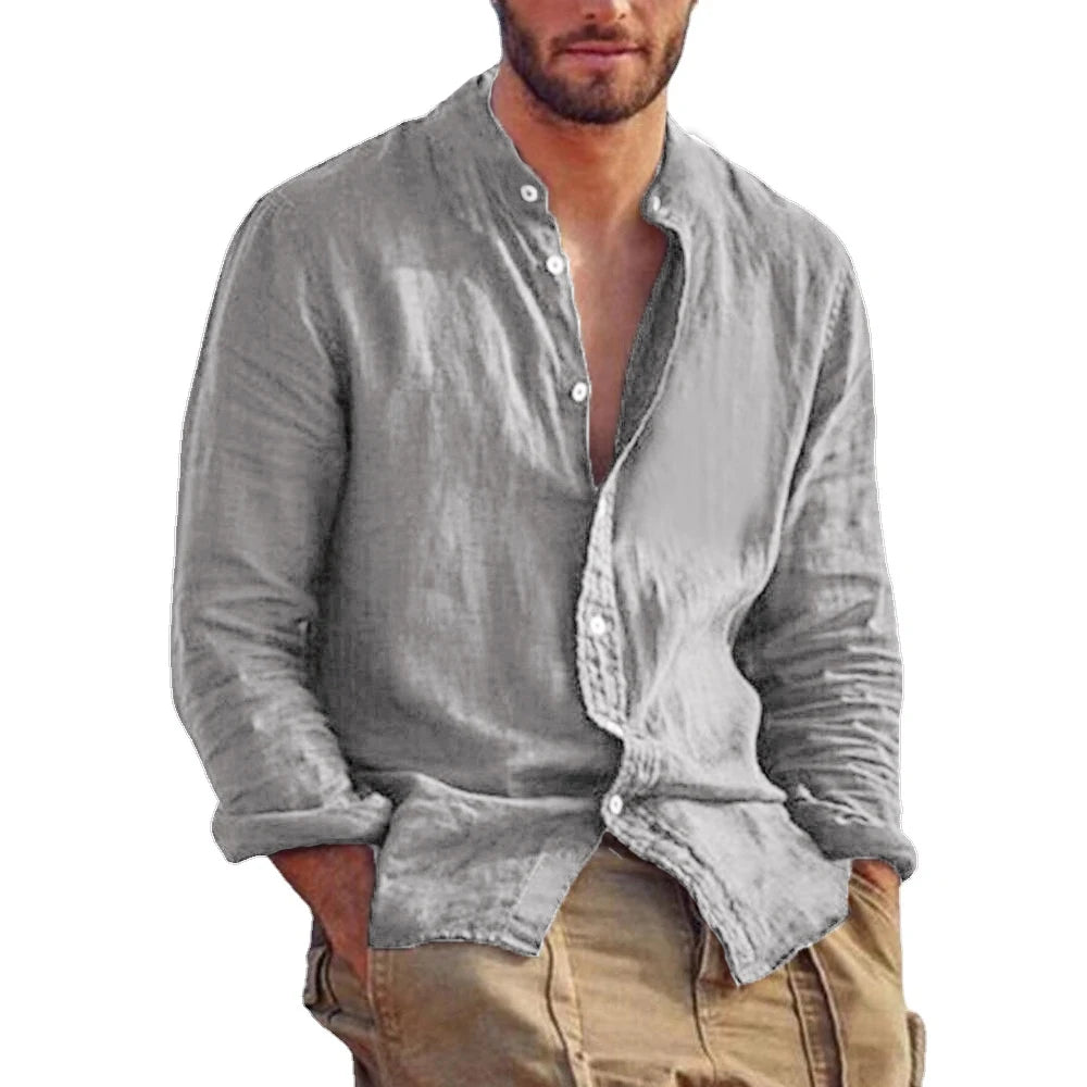 Men's Solid Colors with  Long Sleeve Shirts.  Linen/  Cotton  Trend.   Plus-sizes, Stand-up Collar,  Casual Lightweight.