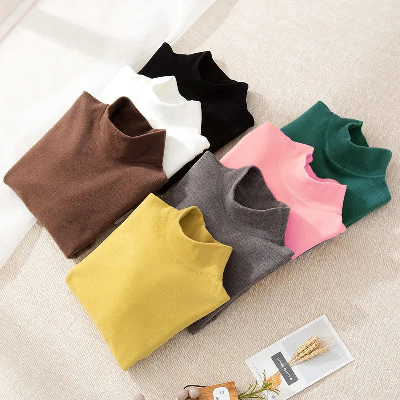Children's Clothing,  Boys / Girls Winter Thermal T-shirts, Turtleneck,  Solid,  Long Sleeve,  Soft Warm Fleece,