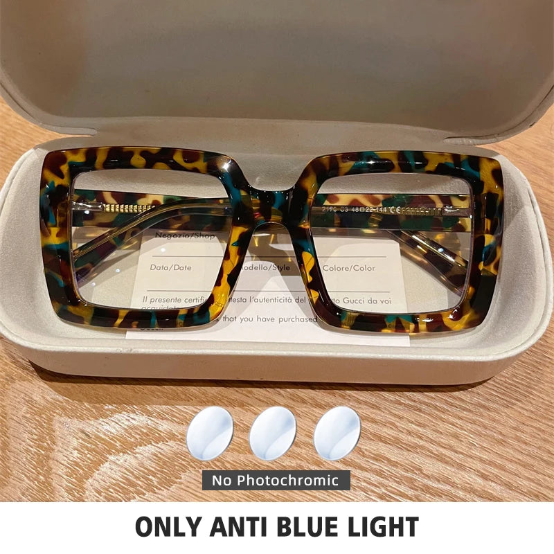 Square, Photochromic,  Blue-Light Blocking, Large Frame Eyeglasses, Reading Glasses Ladies Prescription Myopia Glasses