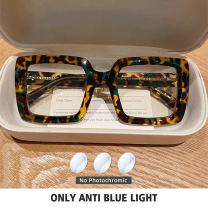 Square, Photochromic,  Blue-Light Blocking, Large Frame Eyeglasses, Reading Glasses Ladies Prescription Myopia Glasses