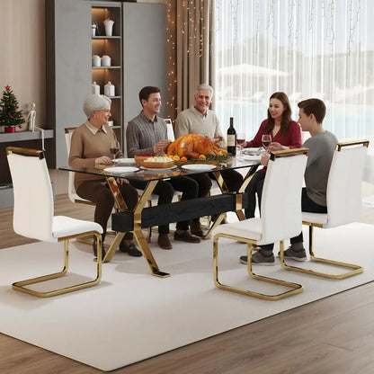 71“ Glass Dining Table Set for 6, Modern 7-Piece Dining Table Set,Rectanglular Tempered Glass Top and Metal Legs, Customized