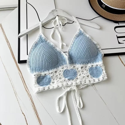 National Style Women Swimwear Top with Chest Pads Bohemian Beach Wear Outfit Crochet Hanging Neck Summer Sling Beach Vacation