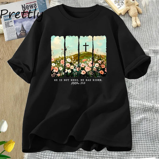 He Is Risen. Wildflower Print Tshirt  for Spring, Easter Designs. T-shirt Women Trendy Easter Christian