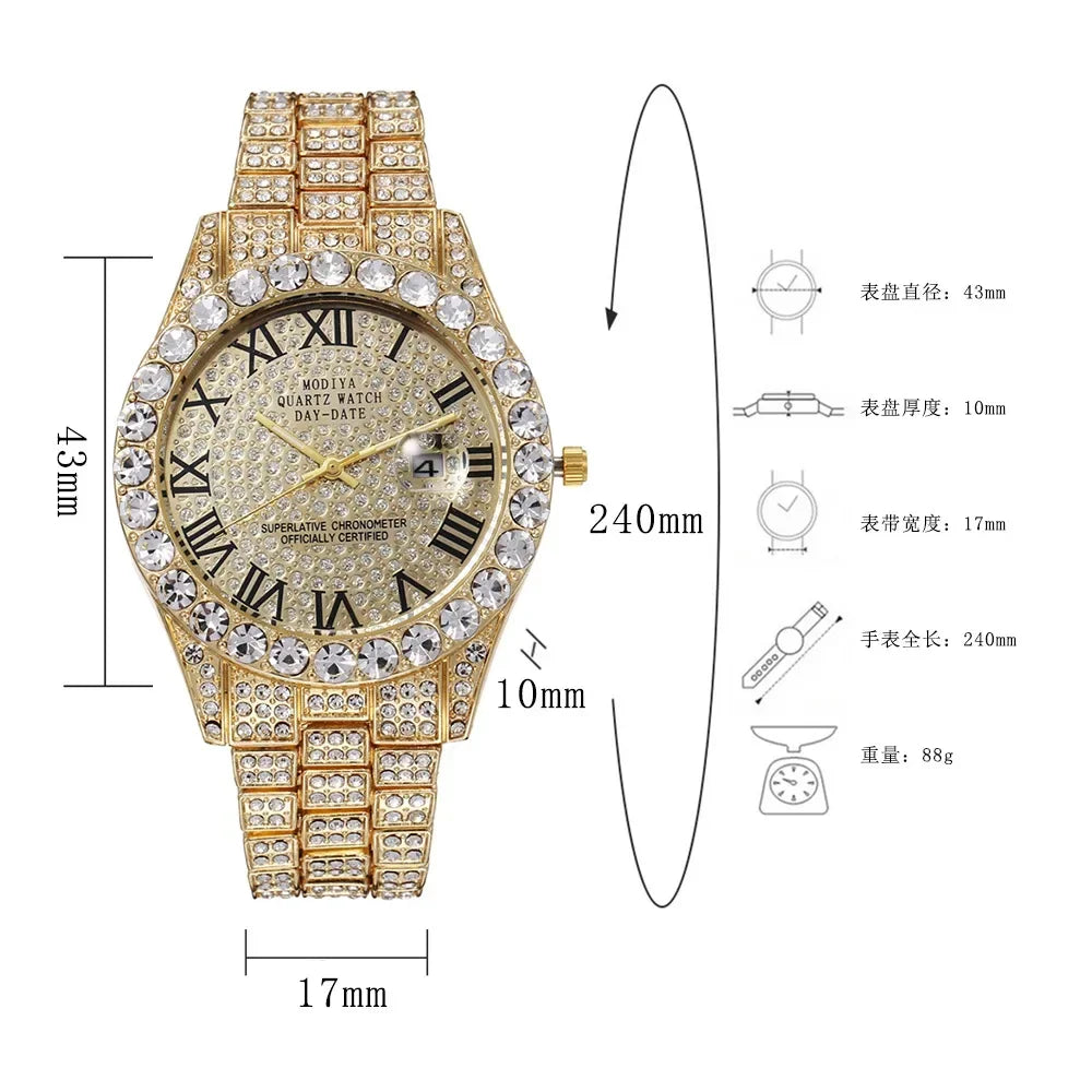 Hot Sale Diamond Bling Watch  for Men,  Gold Color,  Luxury Gift,  Quartz Watches, Mems Clock,  Dropshipping,   Rhinestone Calendar Wristwatch.  RED Face and   " 1 Gold Face "  are gone.  This is going fast.  Don't wait!!!
