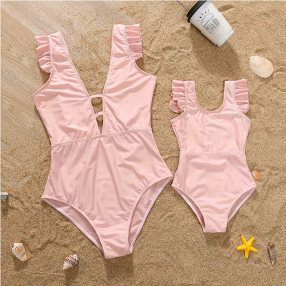 Mom /Daughter Matching Outfits, Solid Color,  One-Piece Swimwear,  Ruffles on Bathing