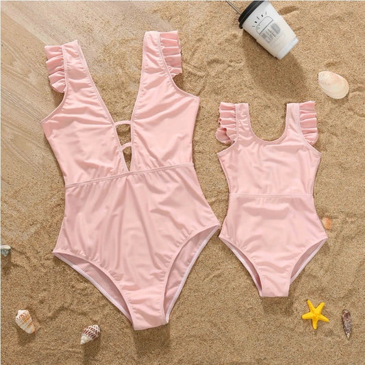 Mom /Daughter Matching Outfits, Solid Color,  One-Piece Swimwear,  Ruffles on Bathing