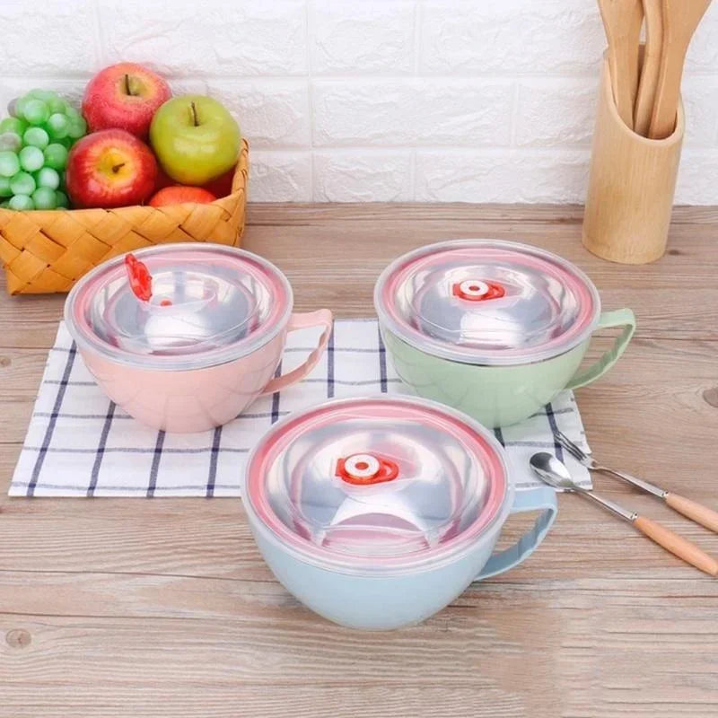Stainless Steel Bowl with Handle.  Solid Color,  Anti- Scalding,  Instant Noodles.    Mixing Bowl,  Kitchen Tableware,  Food  Accessory