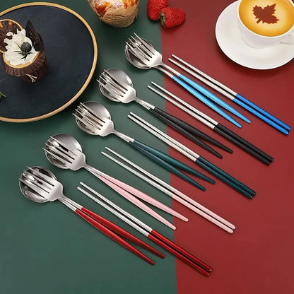 3pcs Thin Portuguese portable stainless steel cutlery  including chopsticks, forks, spoons, student, home,  outdoor,  picnic tableware.  REALLY attractive with the Forest Green Dinnerware.