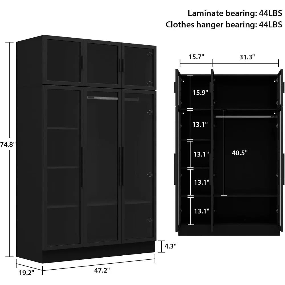 Wardrobe Cabinet with LED Lights, Armoire Closet with Glass Doors, Large Wooden Wardrobe with Hanging Rod & 5 Tier Shelves