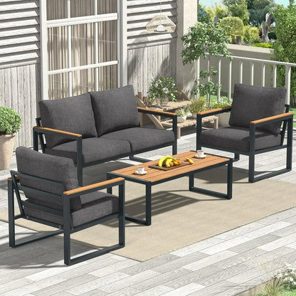 4 Pieces Outdoor Patio Furniture with Coffee Table Set, Metal Patio Set with Washable Cushions