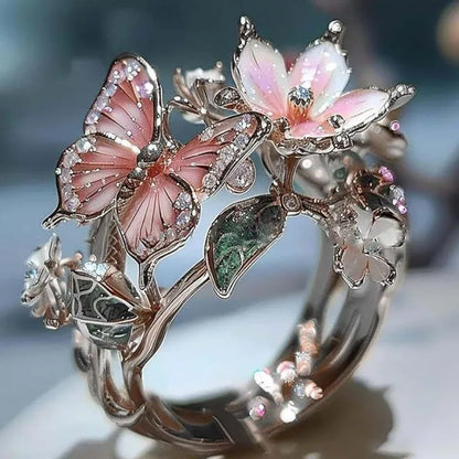 Aesthetic Flower Butterfly Rings for Women.  Romantic Rhinestone,  Stylish Non-fading Opening Ring