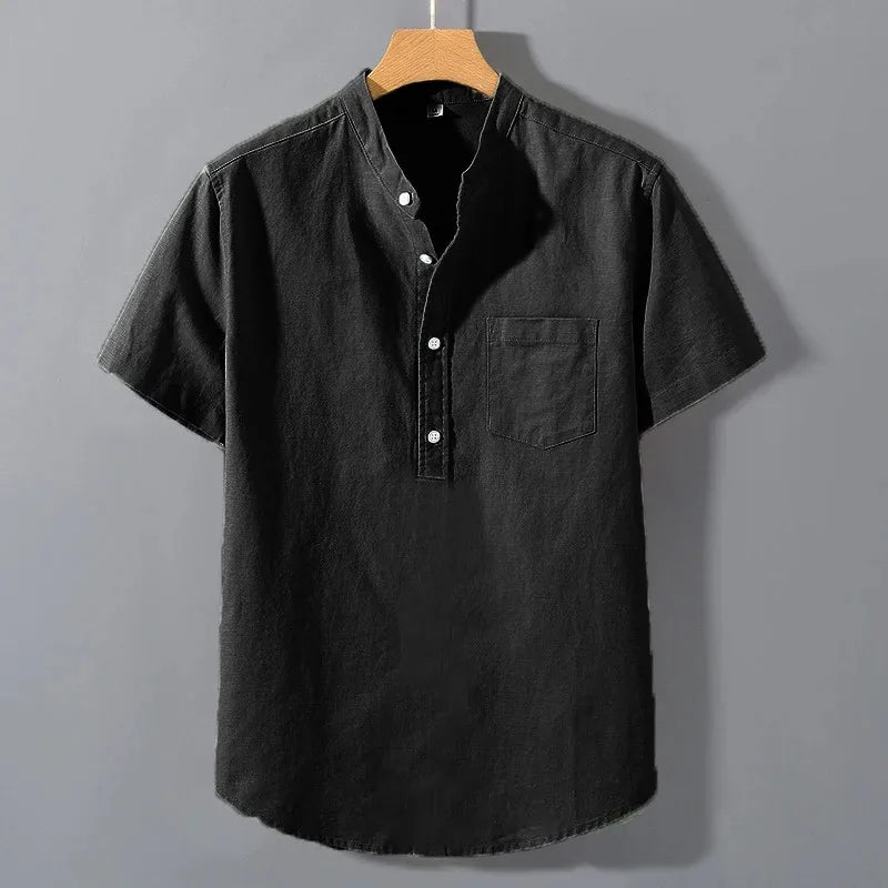 Mens Short Sleeve Shirts in  Solid Colors.   Stand Up Collar Shirt for Summer.   Trendy, Breathable,  Loose,  Basic Cotton Pocket