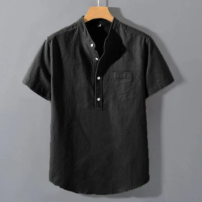 Mens Short Sleeve Shirts in  Solid Colors.   Stand Up Collar Shirt for Summer.   Trendy, Breathable,  Loose,  Basic Cotton Pocket