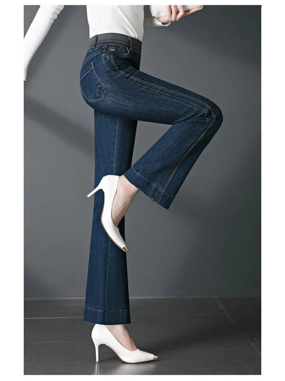 Women's Autumn New High Quality Mid to High Waist Micro Jeans.  Large Size Elastic Waist Stretch, Slimming Casual Pants