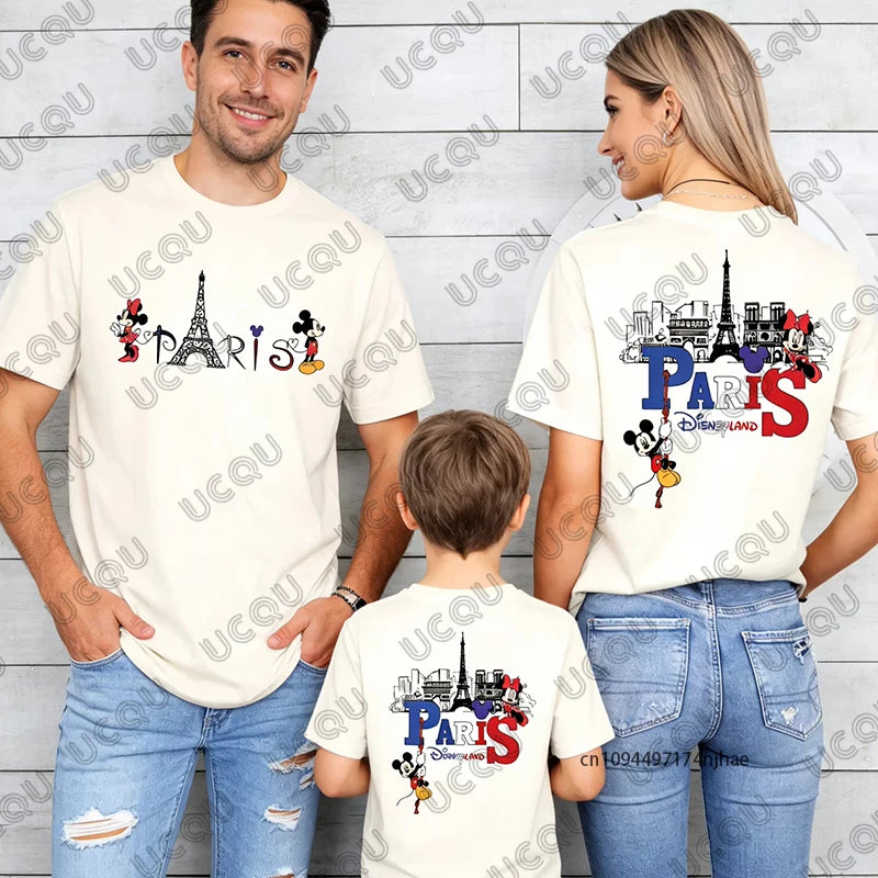 2026 Summer Mickey & Minnie Love Paris Print Mom and Dad Children Cotton T-shirt Short Sleeve Parent-Child Tees Casual Tops.  GREAT FATHERS DAY Gift   whether your taking that trip to Paris, or just wishing.
