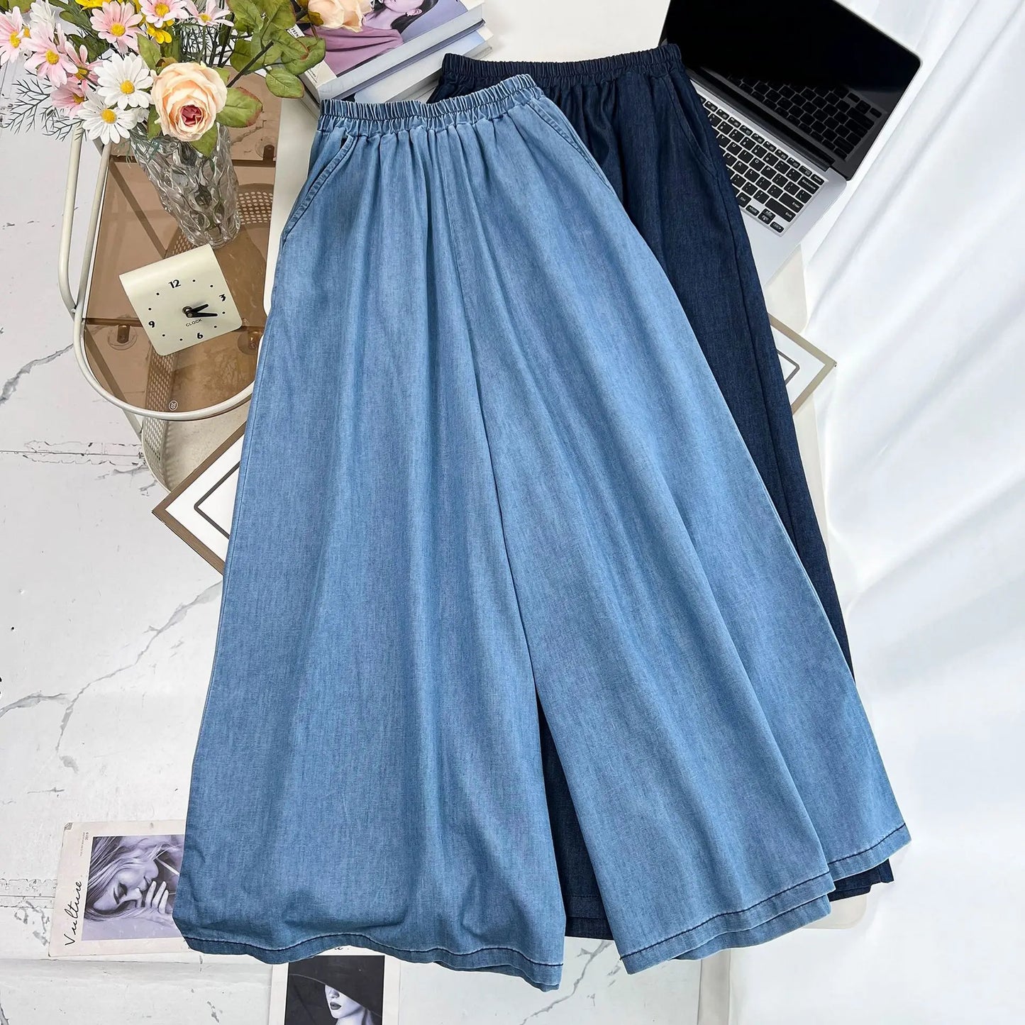 Women's Plus Size Lightweight Lyocell Jeans/Culottes High Waisted, Wide Leg Pants With Draped Ice Silk Fabric For Spring Summer