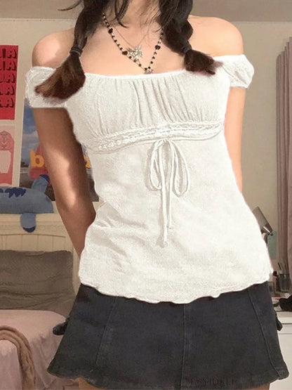 Sweet Lace Tops  for Women/Girls, Off-Shoulder,  Drawstring T-shirt.