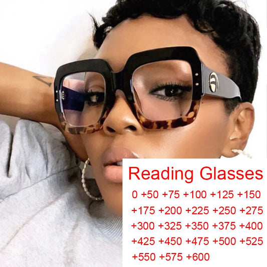 Oversized Square Anti Blue Light Reading Glasses,  Luxury Brand for  Womens Eyeglasses for  Computer/ phone screen. Presbyopic Reader Glasses 0 to +6.0.  There are   2  COLOR-WAYS, (1 BLACK/CLEAR, (2 BLACK/LEOPARD.  WELL Stoc