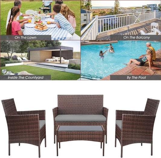 4 Pieces / Outdoor Patio Furniture Set with  Rattan Chairs,  Wicker Set, Outdoor / Indoor Use for  Backyard Porch,  Garden,  Poolside,  Balcony Furniture
