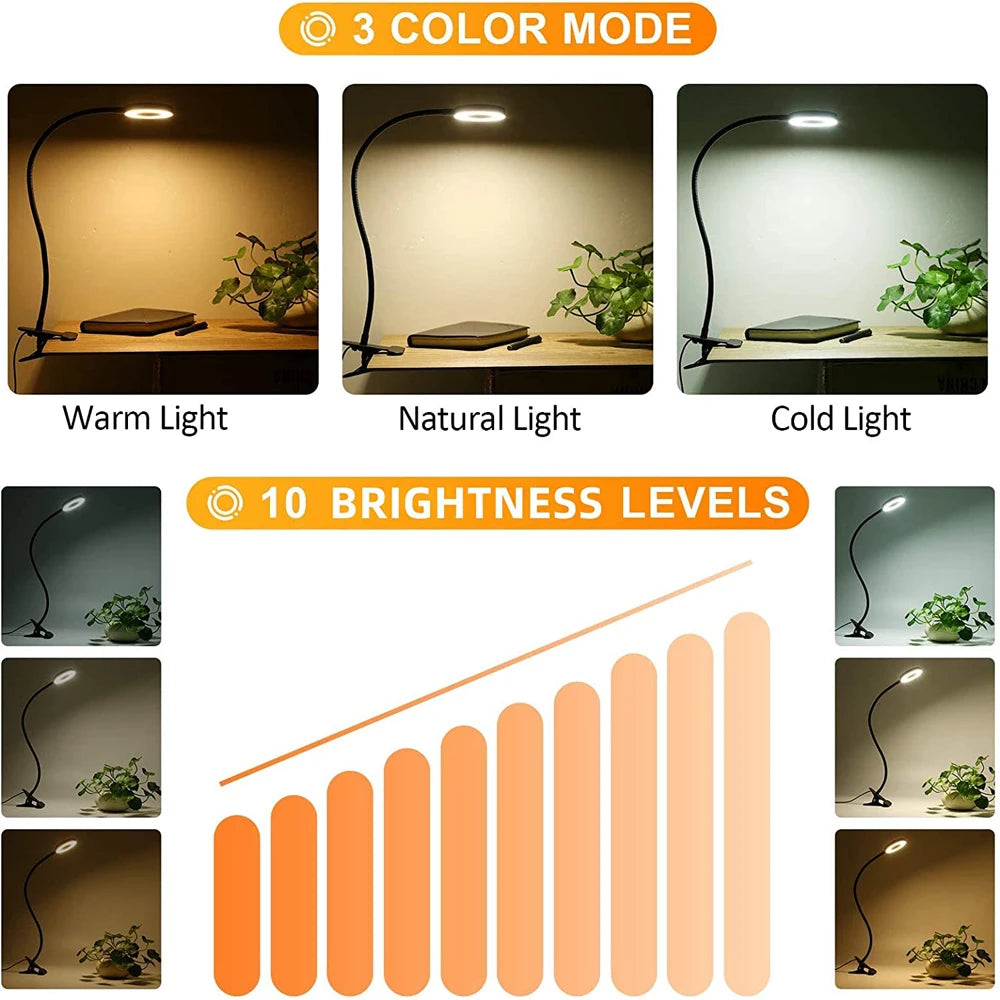 48 LEDs Clip on Desk Lamp 360°Flexible Gooseneck Reading Table Light.  Eye-Caring USB Clamp Light