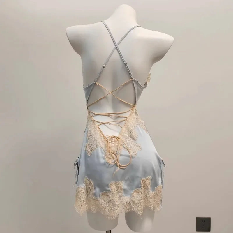 Sexy Pajamas for Women Nightwear.   Ice Silk Lace,  Beautiful Back Suspender Pajama Night Dress,  Elegant Strap,  Sweet Nightgown