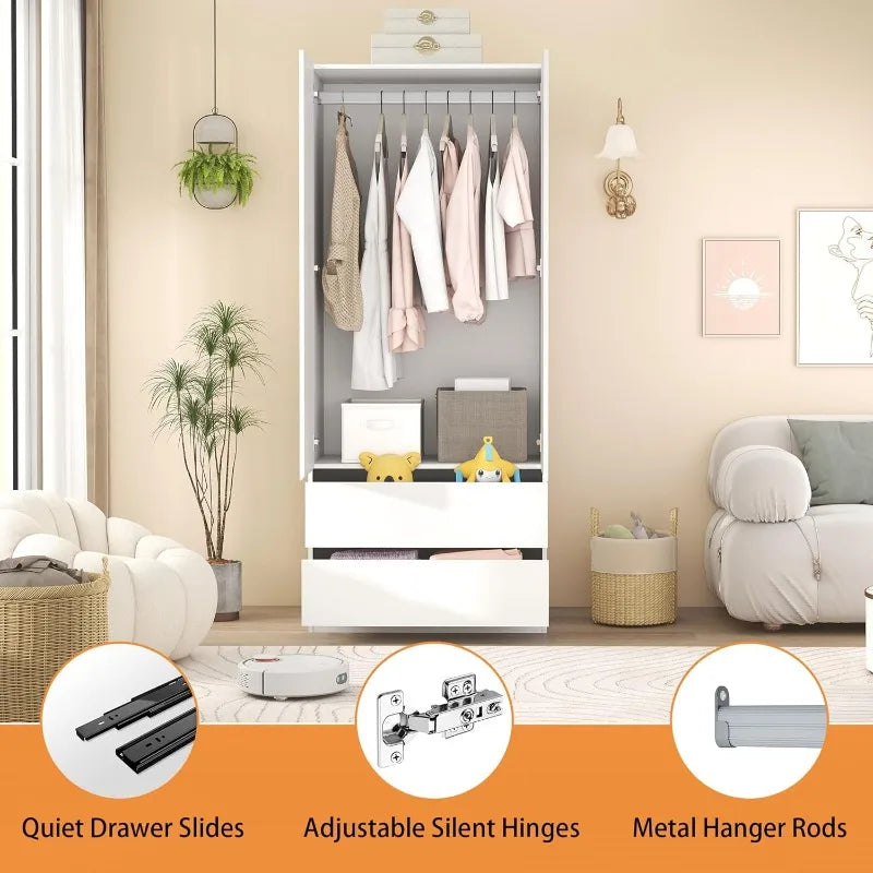 75" Wardrobe Closet with 6 Doors & 6 Drawers, White Wooden Armoire for Bedroom