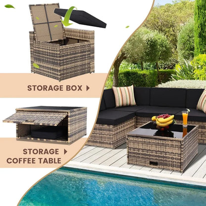 8- Piece Outdoor Wicker Patio Furniture Sectional Set, Glass Top Table With Hidden Storage, Includes 7 Seating Components
