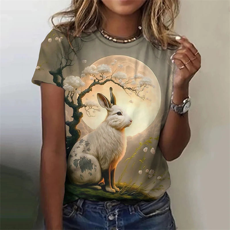 Cute Fun Rabbit Printed T Shirt, Unisex,  Short Sleeve O Neck, Fashion  for Easterwear.  T Shirts  for Summer Casual Outdoor, Soft Tops