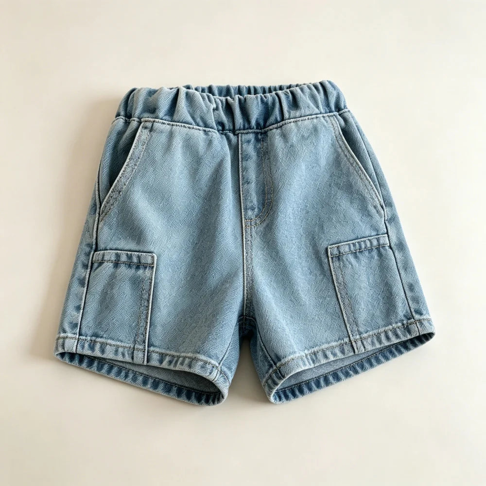 Kids Denim Cargo Shorts, 2-8Y,  Casual Summer Jeans /Bottoms  with Elastic Waistband.  Comfortable Childrens Outdoor Wea.