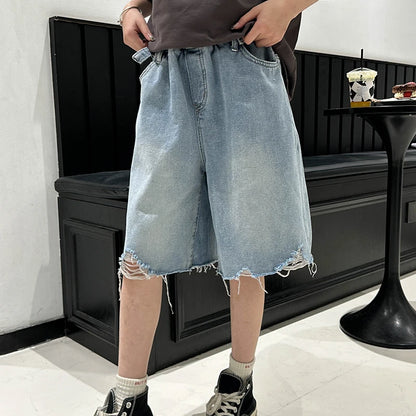 Girls' Denim Shorts for Kids .  Lightweight,  Five-Inch,  Loose-Fit,  Summer Pants for Big Kids.  Stylish Children's Shorts
