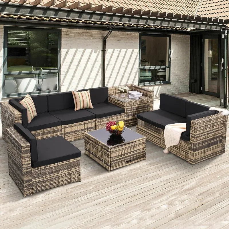 8- Piece Outdoor Wicker Patio Furniture Sectional Set, Glass Top Table With Hidden Storage, Includes 7 Seating Components