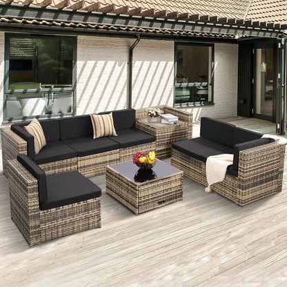 8- Piece Outdoor Wicker Patio Furniture Sectional Set, Glass Top Table With Hidden Storage, Includes 7 Seating Components