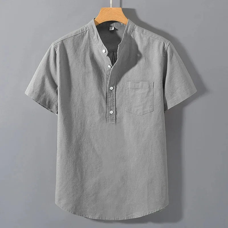 Mens Short Sleeve Shirts in  Solid Colors.   Stand Up Collar Shirt for Summer.   Trendy, Breathable,  Loose,  Basic Cotton Pocket