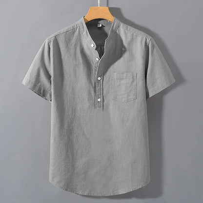 Mens Short Sleeve Shirts in  Solid Colors.   Stand Up Collar Shirt for Summer.   Trendy, Breathable,  Loose,  Basic Cotton Pocket