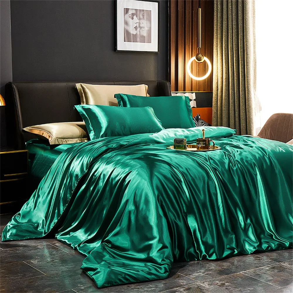 Solid Silk Bedding Set with Duvet Cover, Bed Sheet, 2 Pillowcases Luxury Satin Single Double Bedsheet King Queen Twin Size