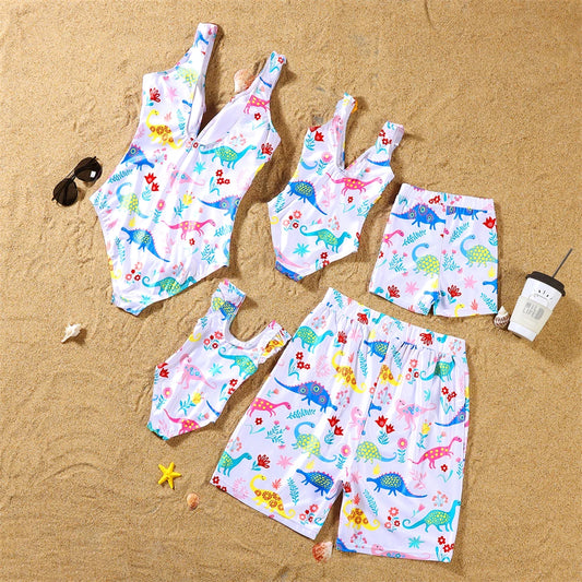 Dinosaurs Swimwear,  Matching  Family Swimwear with V-Neck Mother /Daughter Swimsuits Mommy and Me Dresses Clothes Father /Son Swim Shorts