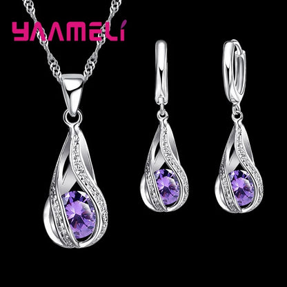 Hot Water Drop CZ 925 Sterling Silver Plated Jewelry Set For Women.  Pendant Necklace,  Hoop Earrings, Wedding gifts, MOTHERS DAY Gifts