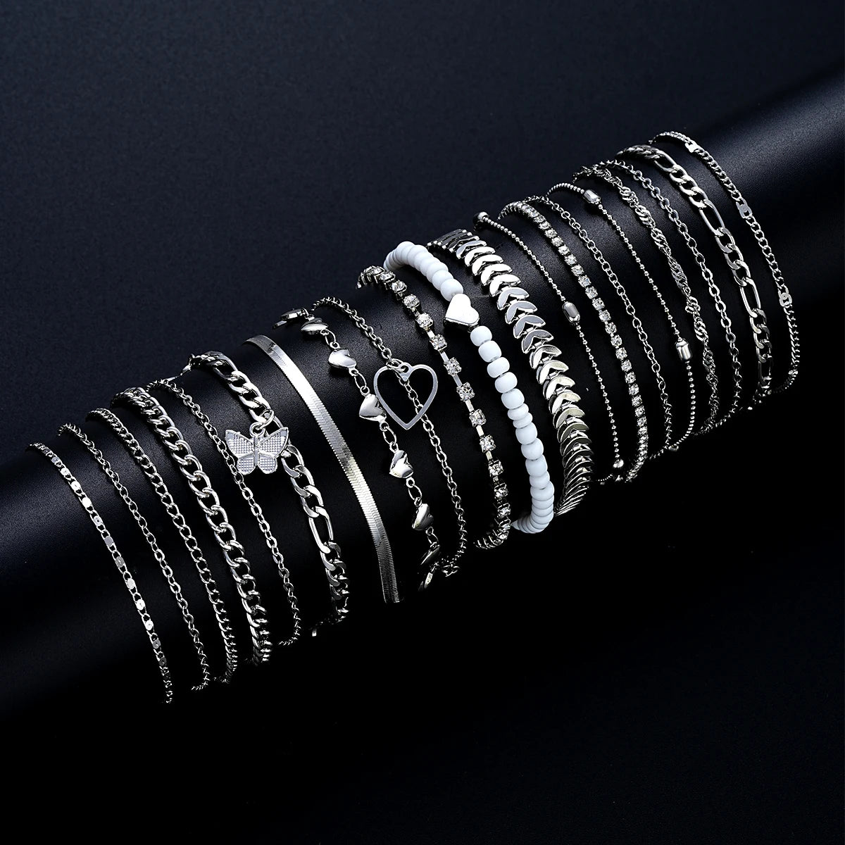 19Pcs/Set New Design Silver Color Anklet Sets for Women Fashion Pearl Butterfly Heart Crystal Foot Chain Versatile Daily Jewelry.  This set is a wonderful gift or a wonderful BUY TO WEAR AND SHARE WITH FRIENDS