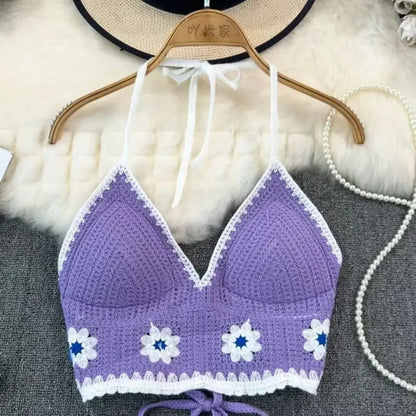 National Style Women Swimwear Top with Chest Pads Bohemian Beach Wear Outfit Crochet Hanging Neck Summer Sling Beach Vacation