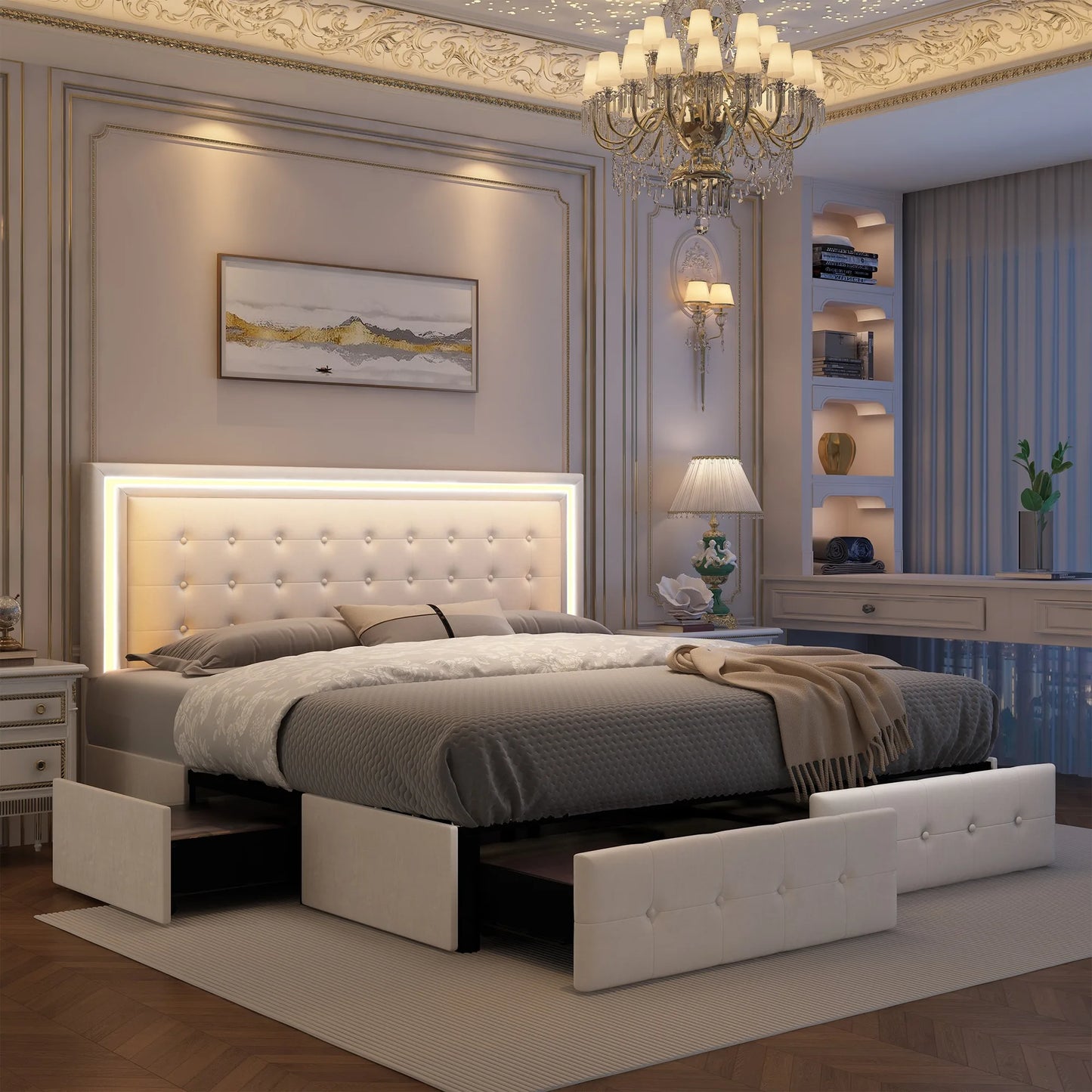 Queen LED Bed Frame with 4 Storage Drawers, Headboard, PU Upholstered, No Box Spring Needed, 900 lbs Support