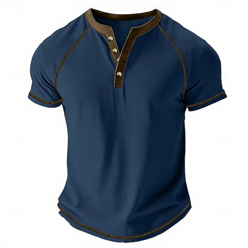 Retro Men's Button-Down T-Shirt  (HENLEY-STYLE), Minimalist Print T-Shirt,  Loose-Fit,  Casual Summer Shirt,  Stylish Streetwear Men.