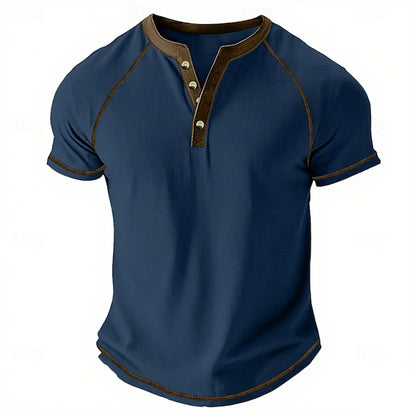 Retro Men's Button-Down T-Shirt  (HENLEY-STYLE), Minimalist Print T-Shirt,  Loose-Fit,  Casual Summer Shirt,  Stylish Streetwear Men.