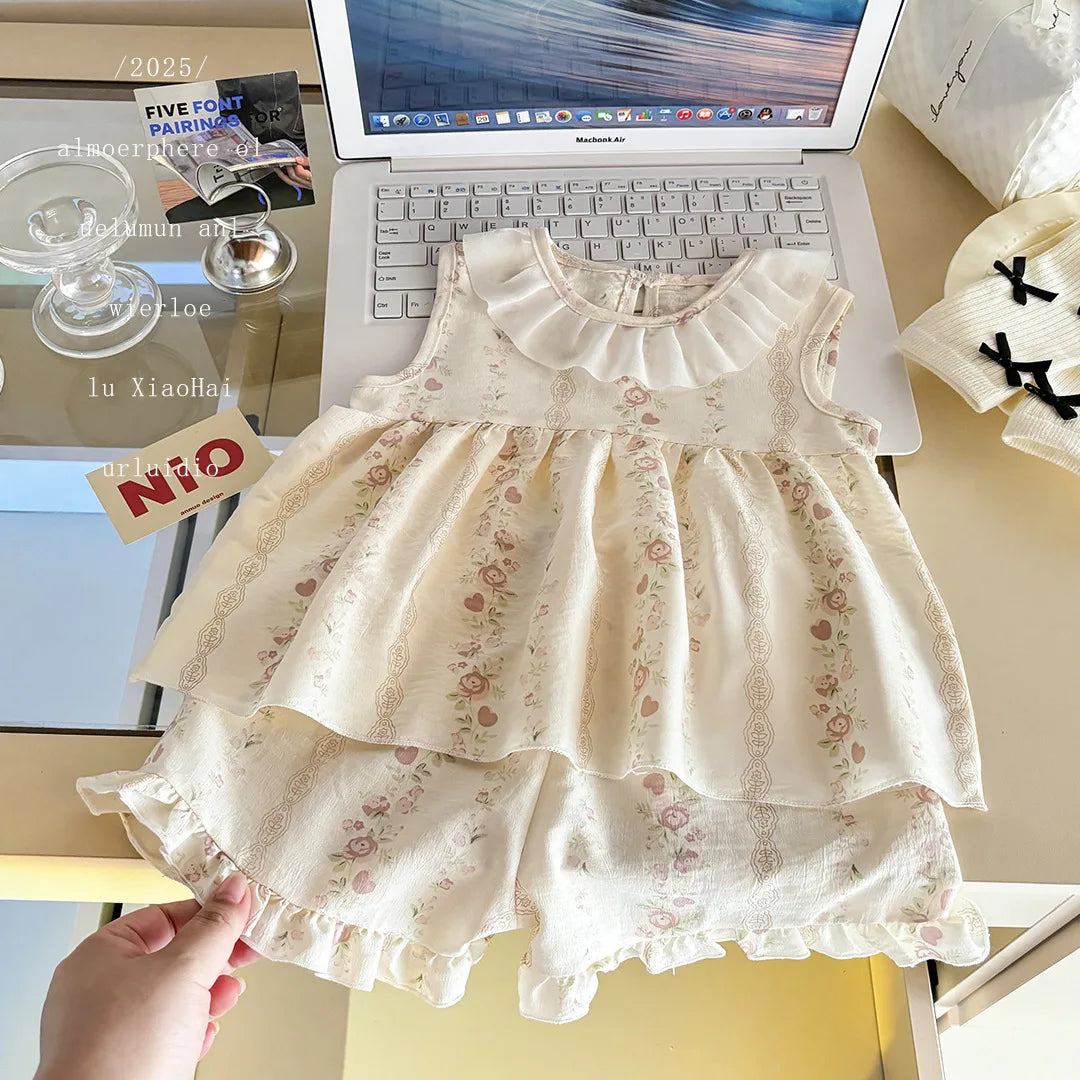 Two-Piece Set  Sleeveless Princess Dress with Floral Print called CRUSHED FLOWERS.  Small sizes and  other styles almost gone except 4T.  Summer,  Thin Outfit for Girls 4T.