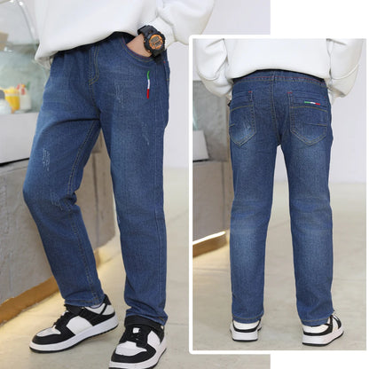 Kids Slim Jeans.  Teen Boys Casual Trousers,  Child Elastic Waist Pants,  4-11 Years of age. Solid Color Straight Denim Pants