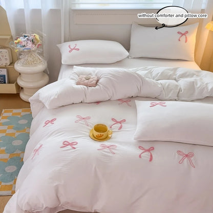 3 Piece Sheet Set  pink bowknot embroidery duvet cover Set ， comfortable Bedding Set Bedspread for All Season