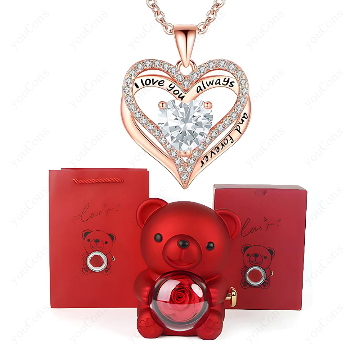 Red Heart Pendant Necklaces With Cute Bear Rose.  Gift Box For Women,  Mothers  Day 2026 Christmas Valentine Wedding Birthday Jewelry
