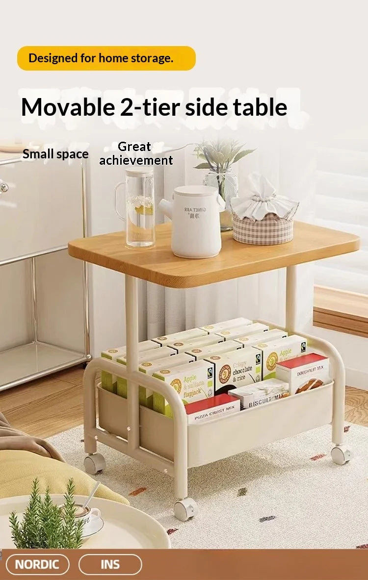 Two Tier Rolling  Bedside Nightstand Cabinet  with Storage Drawe,  Wheels, Small Space Table