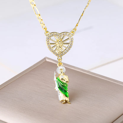 Catholic Saint Jude Heart,  Pendant NecklacE,  Gold Plated/ Rhinestone Religious Jewelry for Women Men, Prayer Gift