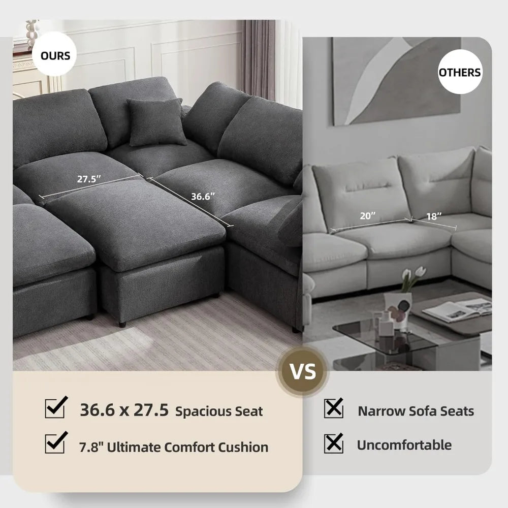 Modular Sectional Sofa, Modern Oversized Cloud Couch with Movable Ottoman, 7 Seater,  L-Shaped,  Comfy Couches for Living Room